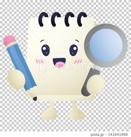 Cute notepad character holds pencil and magnifying glass Cute notepad character holds pencil and magnifying glass 141641990
