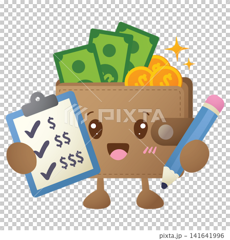 Cute wallet character holds clipboard and pencil Cute wallet character holds clipboard and pencil 141641996