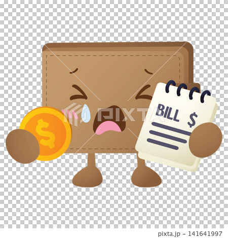 Brown wallet character looks stressed, holding a coin and a bill Brown wallet character looks stressed, holding a coin and a bill 141641997