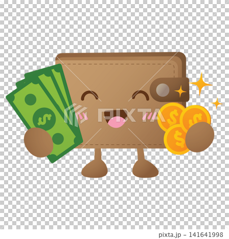 Kawaii wallet smiles joyfully with money and coins Kawaii wallet smiles joyfully with money and coins 141641998
