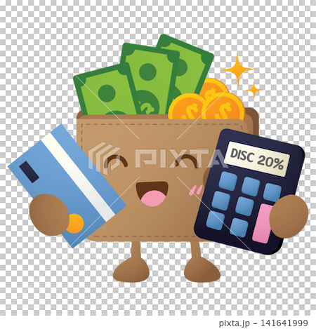 Cute wallet character smiles with money and a calculator Cute wallet character smiles with money and a calculator 141641999
