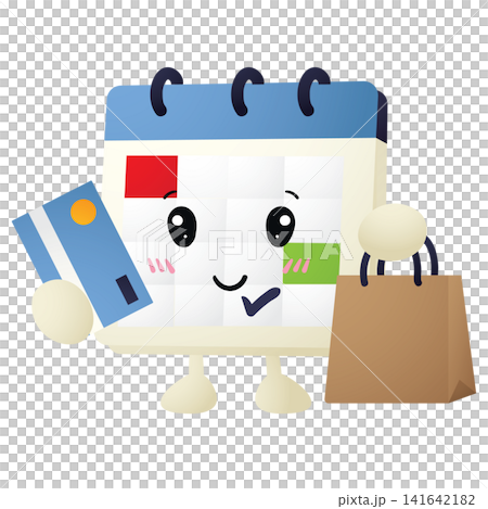 Cute calendar character holds card and shopping bag 141642182
