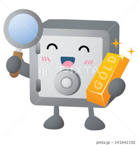 Cute safe character holds gold bar and magnifying glass Cute safe character holds gold bar and magnifying glass 141642192