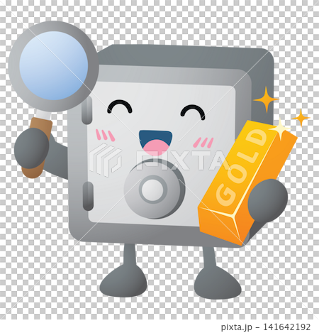 Cute safe character holds gold bar and magnifying glass Cute safe character holds gold bar and magnifying glass 141642192