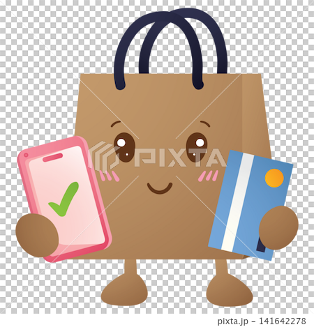 Brown paper bag with happy face and legs holds phone and card Brown paper bag with happy face and legs holds phone and card 141642278