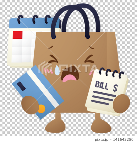 Crying shopping bag holds credit card and bill 141642280