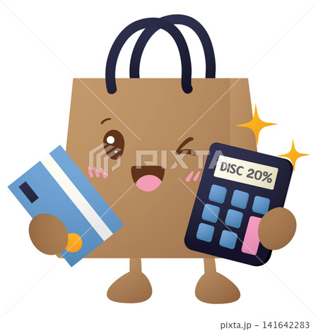 Cartoon shopping bag smiles, winks, holds credit card and calculator Cartoon shopping bag smiles, winks, holds credit card and calculator 141642283
