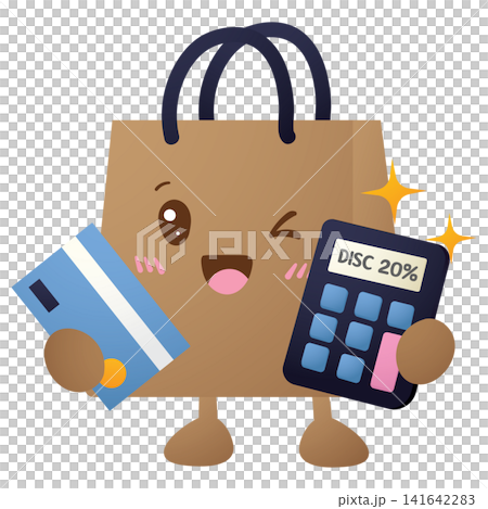 Cartoon shopping bag smiles, winks, holds credit card and calculator Cartoon shopping bag smiles, winks, holds credit card and calculator 141642283