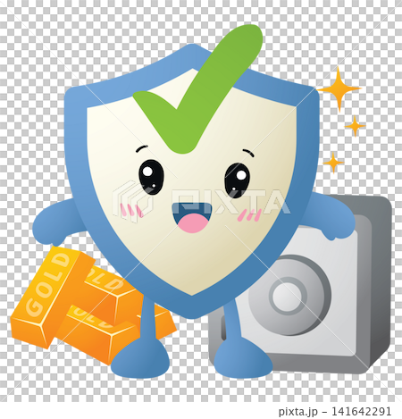 Shield character smiles with green checkmark, symbolizing security Shield character smiles with green checkmark, symbolizing security 141642291