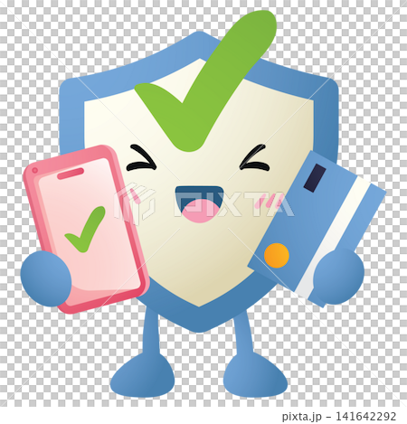 Happy shield character holds phone and credit card 141642292