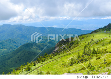 王ヶ頭からの絶景・緑豊かな夏の信州の山岳風景 王ヶ頭からの絶景・緑豊かな夏の信州の山岳風景 141642677