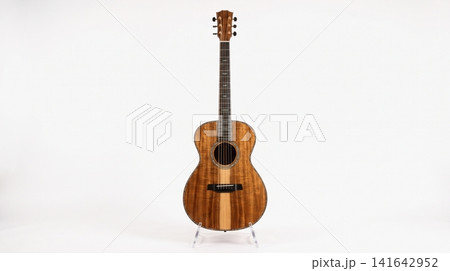 Acoustic guitar with natural wood grain and intricate inlay standing vertically acoustic instrument musician acousticguitar fretboard soundhole ornament classical percussion background Acoustic guitar with natural wood grain and intricate inlay standing vertically acoustic instrument musician acousticguitar fretboard soundhole ornament classical percussion background 141642952