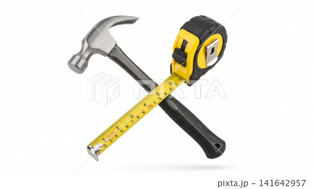 Claw hammer and retractable tape measure crossed on white background with construction carpentry maintenance equipment measuring renovation handyman instrument hardware industrial precision 141642957