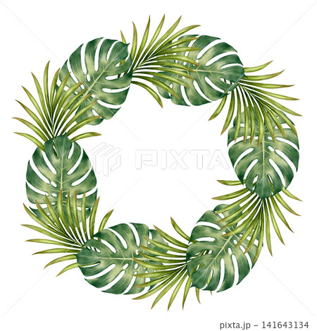 Tropical Leaf Wreath Watercolor Illustration Tropical Leaf Wreath Watercolor Illustration 141643134