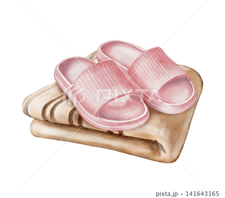 Beach Slippers and Towel Watercolor Illustration Beach Slippers and Towel Watercolor Illustration 141643165