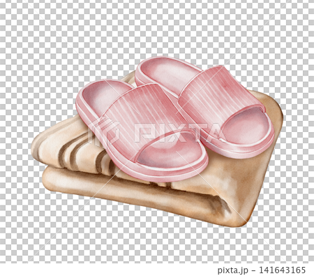 Beach Slippers and Towel Watercolor Illustration Beach Slippers and Towel Watercolor Illustration 141643165