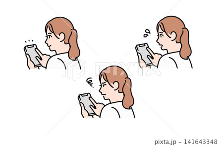 スマートフォンを操作する女性の後ろ姿 表情セット シンプルなベクターイラスト素材 スマートフォンを操作する女性の後ろ姿 表情セット シンプルなベクターイラスト素材 141643348