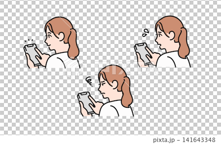 スマートフォンを操作する女性の後ろ姿 表情セット シンプルなベクターイラスト素材 スマートフォンを操作する女性の後ろ姿 表情セット シンプルなベクターイラスト素材 141643348