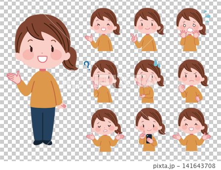 Female character facial expressions and poses set: Cute character illustration material Female character facial expressions and poses set: Cute character illustration material 141643708