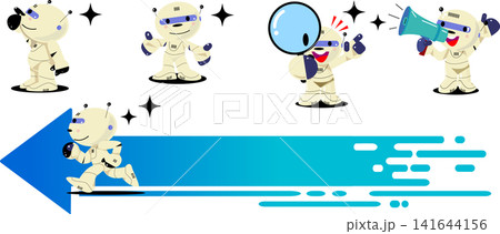 ビジネスや案内に使えるかわいいAIロボットキャラクターのポーズセット・矢印フレーム付きイラスト ビジネスや案内に使えるかわいいAIロボットキャラクターのポーズセット・矢印フレーム付きイラスト 141644156