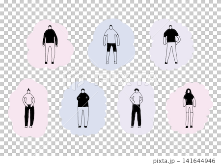 A stylish illustration set combining hand-drawn figures and shapes (pink, blue, purple). A stylish illustration set combining hand-drawn figures and shapes (pink, blue, purple). 141644946