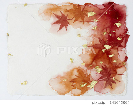 右側に深紅とオレンジの紅葉風水彩と金箔が舞う白和紙背景 右側に深紅とオレンジの紅葉風水彩と金箔が舞う白和紙背景 141645064