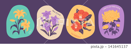 フラワーステッカーセット　百合・竜胆・椿・菊 141645137