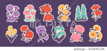 カラフルなフラワーステッカーセット 12種類の花 カラフルなフラワーステッカーセット 12種類の花 141645139