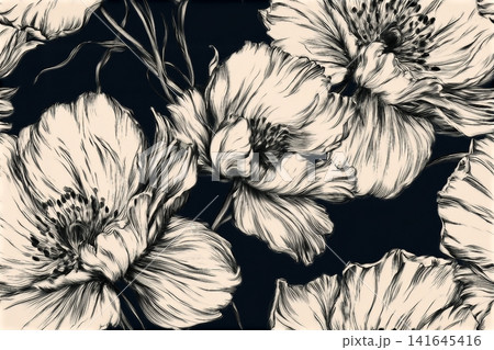 Flower Seamless Pattern. Vector Luxury Floral Template Design Minimalist Style. Monochrome Line Art Trendy Contemporary Botanical Design for Prints, Textile, Fabric, Posters, Invitations, Branding. Flower Seamless Pattern. Vector Luxury Floral Template Design Minimalist Style. Monochrome Line Art Trendy Contemporary Botanical Design for Prints, Textile, Fabric, Posters, Invitations, Branding. 141645416