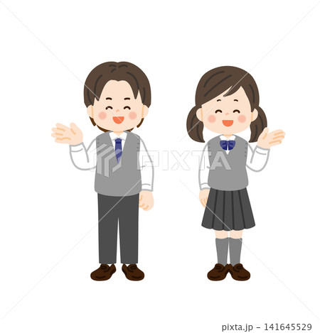 片手を横に出して案内するベストの制服の学生 141645529
