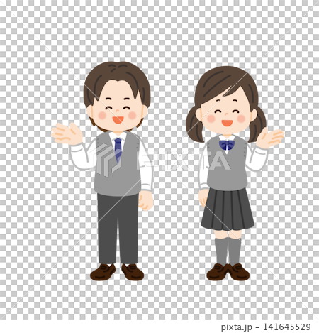 片手を横に出して案内するベストの制服の学生 141645529