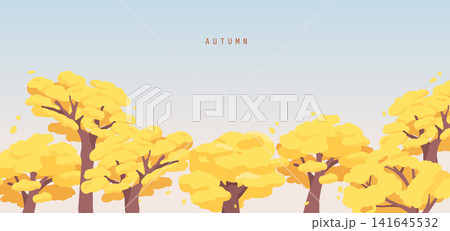 Yellow Ginkgo Tree Row Autumn Landscape Minimal Organic Flat Illustration Seasonal Nature Scenery 141645532