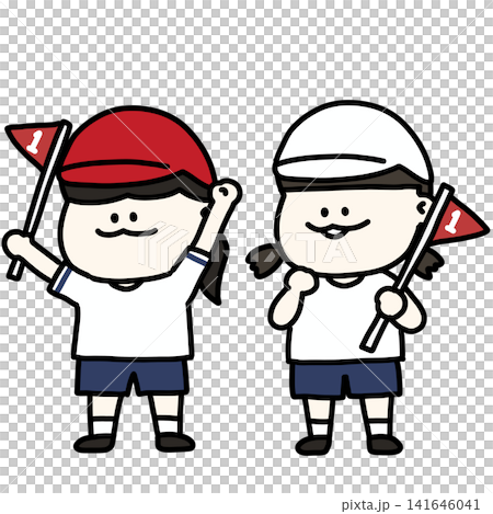 運動会で1位の旗を持って喜ぶ女子児童のイラスト 背景透過 運動会で1位の旗を持って喜ぶ女子児童のイラスト 背景透過 141646041