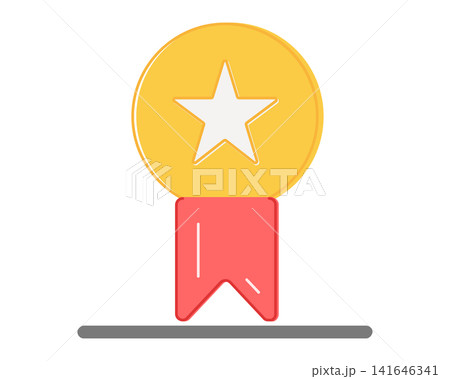 Flat circular golden badge icon with a white star and red ribbon hanging below Flat circular golden badge icon with a white star and red ribbon hanging below 141646341