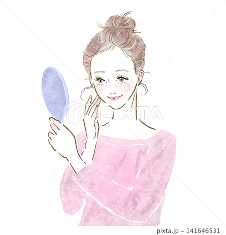 手鏡を見てスキンケアの効果に満足して微笑む女性のイラスト 手鏡を見てスキンケアの効果に満足して微笑む女性のイラスト 141646531