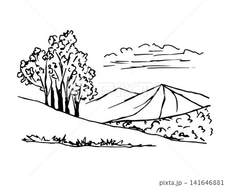 Hand-drawn vector landscape in black outline. Trees, mountains, hills, grass, clouds. Wildlife, tourism, nature, rural view. 141646881