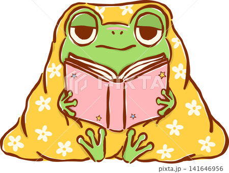 Frog Reading Book under Cozy Blanket, Chaos Bookish Animal Cartoon Hand Drawn Frog Reading Book under Cozy Blanket, Chaos Bookish Animal Cartoon Hand Drawn 141646956