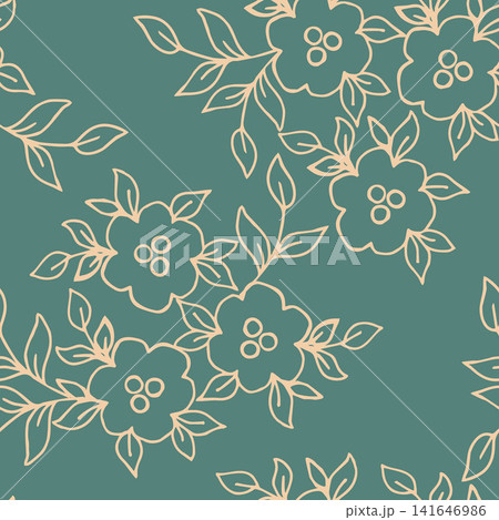 Gentle calm floral seamless vector pattern in vintage style. Hand-drawn light pink outline of small flowers, bouquets on a blue green background. For prints of fabric, clothing, textile products. Gentle calm floral seamless vector pattern in vintage style. Hand-drawn light pink outline of small flowers, bouquets on a blue green background. For prints of fabric, clothing, textile products. 141646986