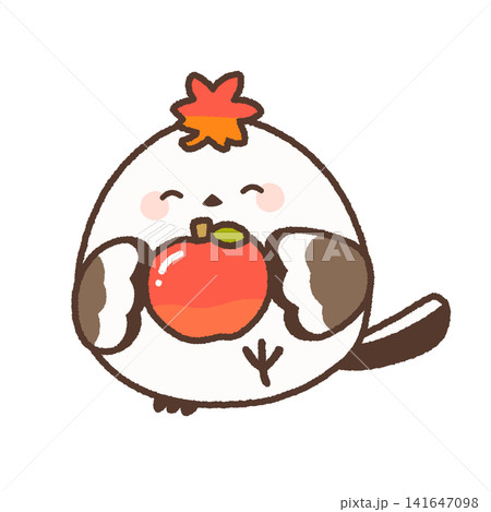 紅葉を頭にのせてりんごを持つにっこりシマエナガ 紅葉を頭にのせてりんごを持つにっこりシマエナガ 141647098
