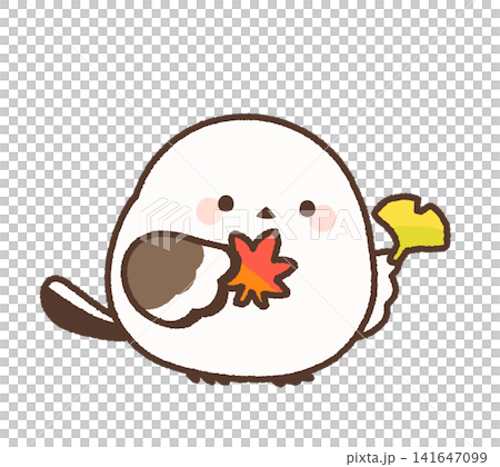 紅葉とイチョウを見比べるシマエナガ 紅葉とイチョウを見比べるシマエナガ 141647099