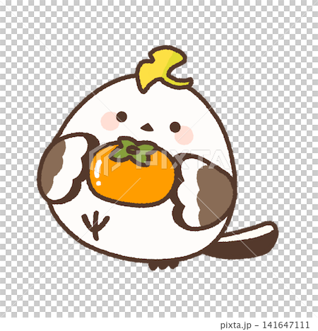 イチョウを頭にのせて柿を持つシマエナガ イチョウを頭にのせて柿を持つシマエナガ 141647111