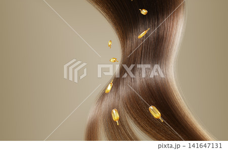 3d smooth shiny brown hair strand lock with gold serum capsules. Keratin and argan oil vitamin treatment, nourish and protect for damaged hair. Cosmetic beauty care render background. 3D illustration 3d smooth shiny brown hair strand lock with gold serum capsules. Keratin and argan oil vitamin treatment, nourish and protect for damaged hair. Cosmetic beauty care render background. 3D illustration 141647131