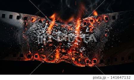 Burning cinematic film strip melting amidst intense glowing embers against dark moody background with orange flames bubbling Burning cinematic film strip melting amidst intense glowing embers against dark moody background with orange flames bubbling 141647132