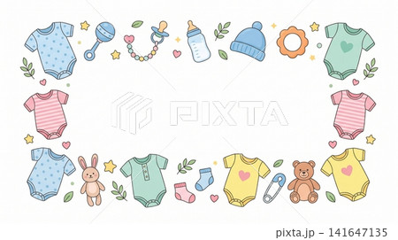 Cute baby essentials decorative border illustration featuring colorful clothing and toys on white background with accessories illustrated charming flat style Cute baby essentials decorative border illustration featuring colorful clothing and toys on white background with accessories illustrated charming flat style 141647135