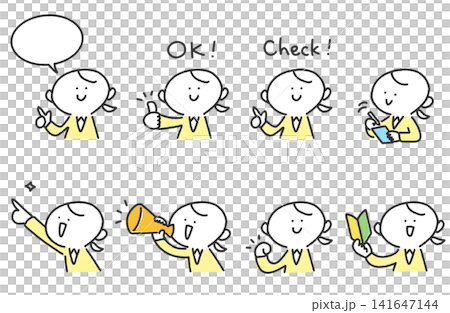 Cute hand-drawn business woman set: OK, checkmark, megaphone, beginner driver's mark Cute hand-drawn business woman set: OK, checkmark, megaphone, beginner driver's mark 141647144
