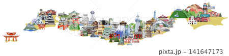日本列島観光地イラストマップ 鳥瞰図 新イエロー 日本列島観光地イラストマップ 鳥瞰図 新イエロー 141647173