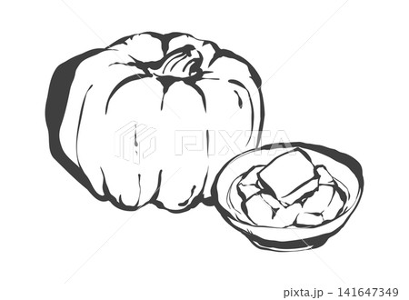 かぼちゃとかぼちゃの煮物の手描き筆絵風イラスト 141647349