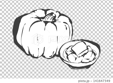 かぼちゃとかぼちゃの煮物の手描き筆絵風イラスト 141647349
