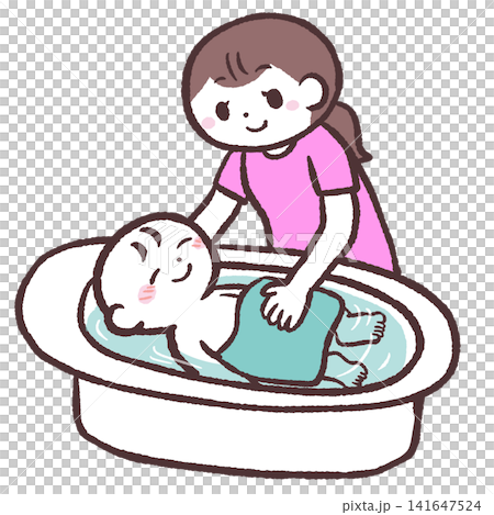 Illustration of a woman bathing a baby Illustration of a woman bathing a baby 141647524