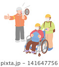 避難してきた車椅子利用者と介助者を誘導する人物イラスト 避難してきた車椅子利用者と介助者を誘導する人物イラスト 141647756